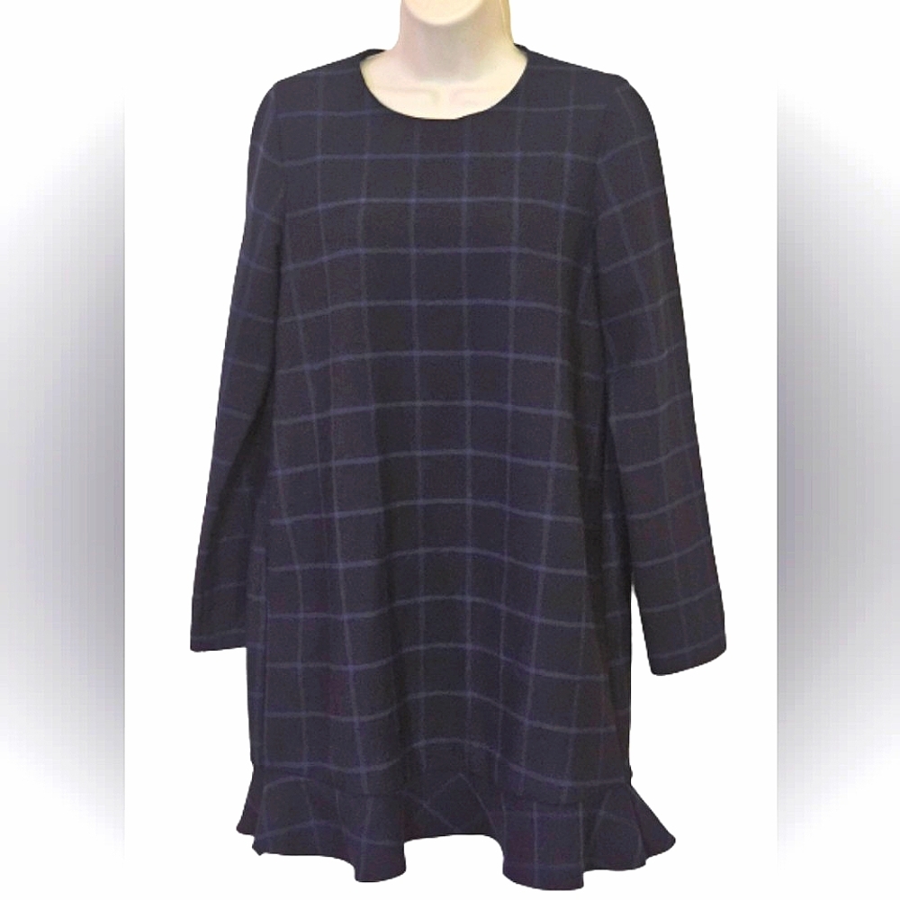 ZARA Trafaluc Collection Navy Blue Plaid Long Sleeve Ruffle Hem Dress, Large